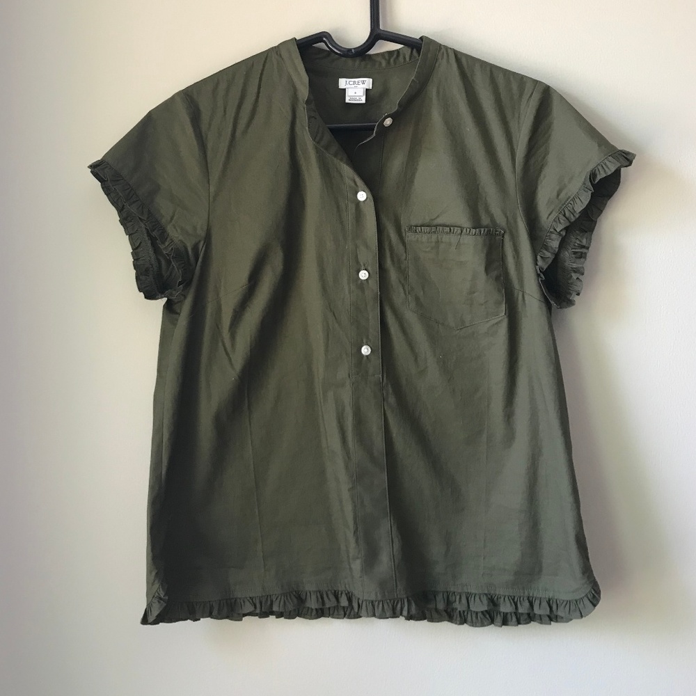 j crew olive ruffled blouse